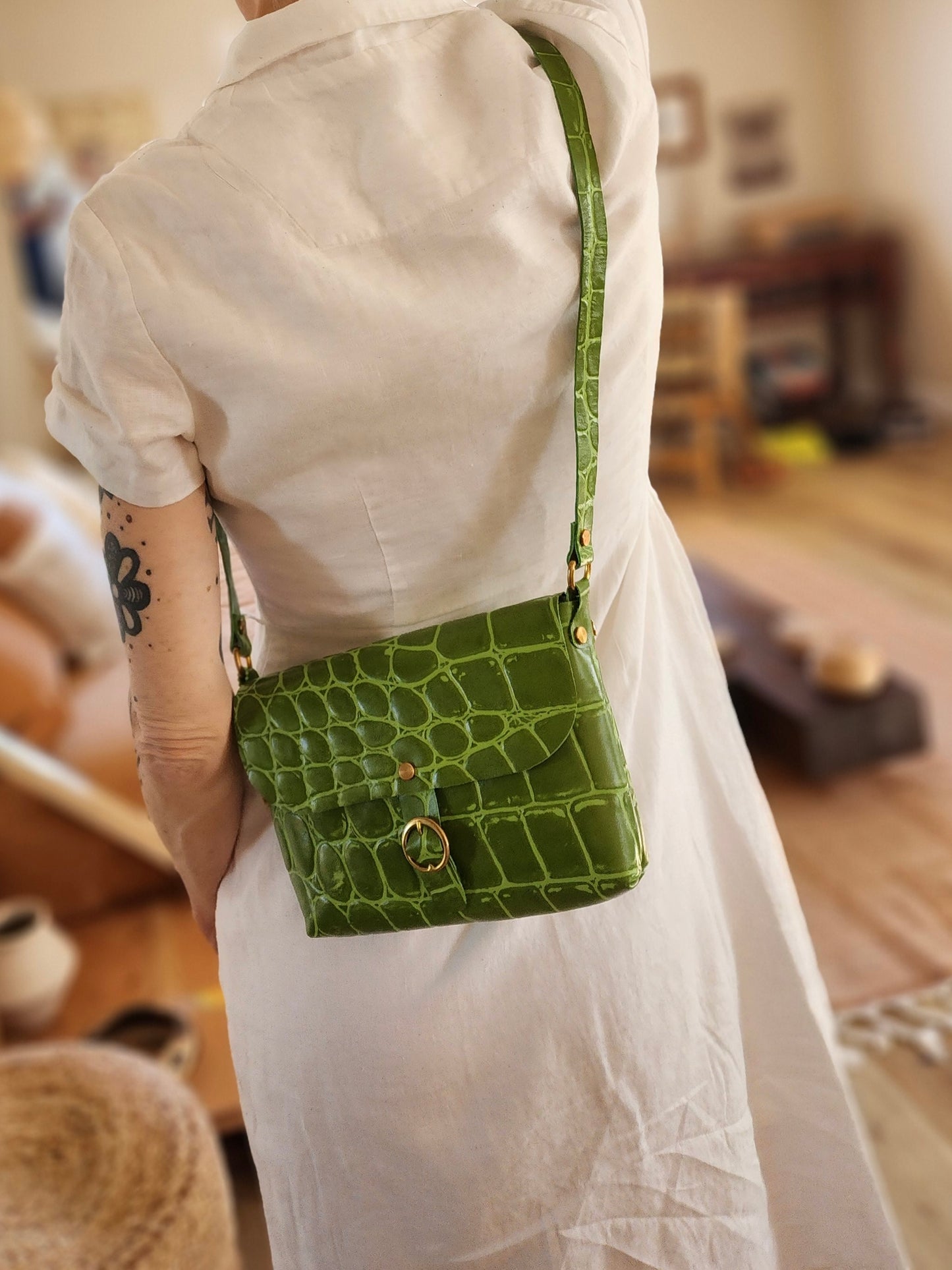 Green Jumbo Croc Embossed Leather Small Crossbody Flap Messenger Bag