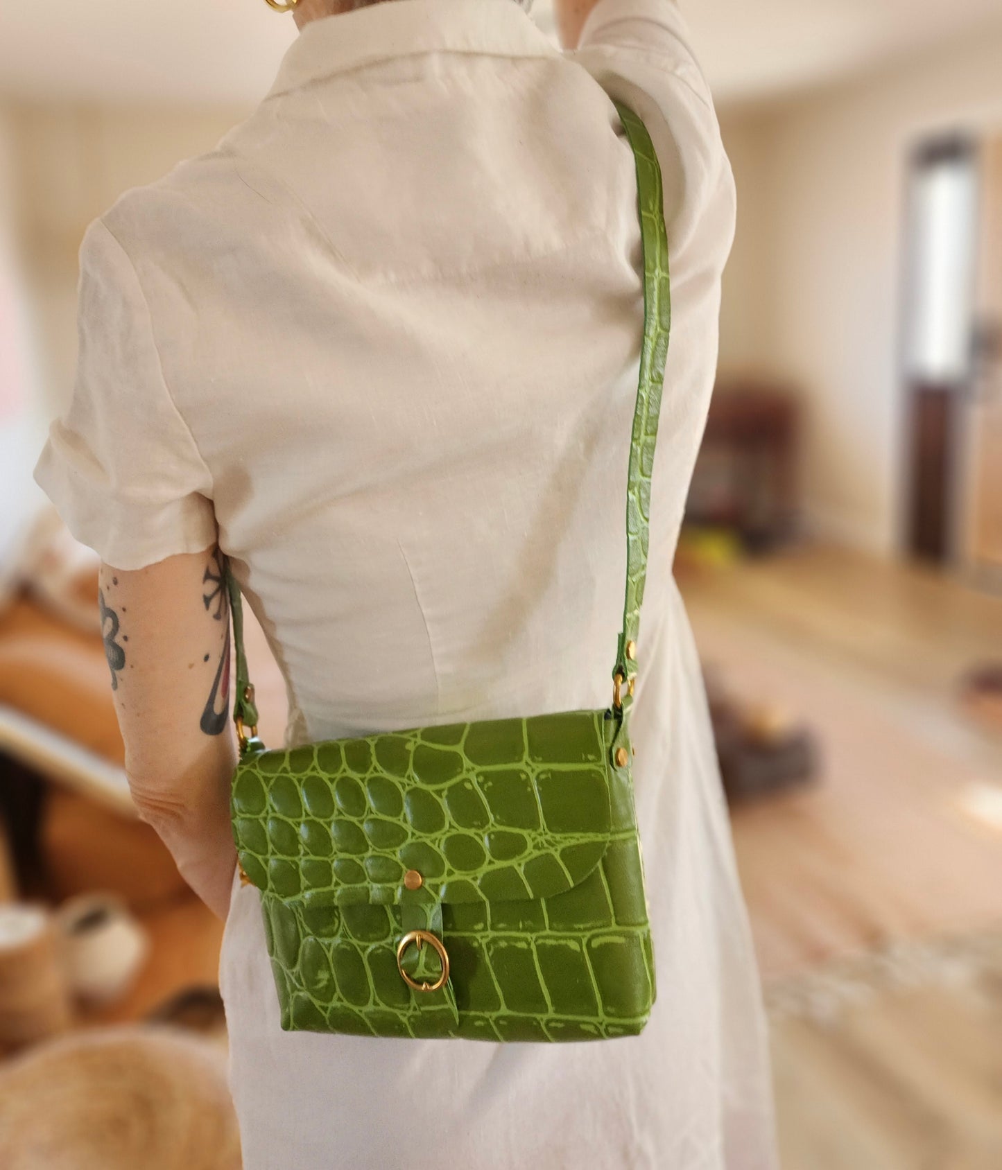 Green Jumbo Croc Embossed Leather Small Crossbody Flap Messenger Bag
