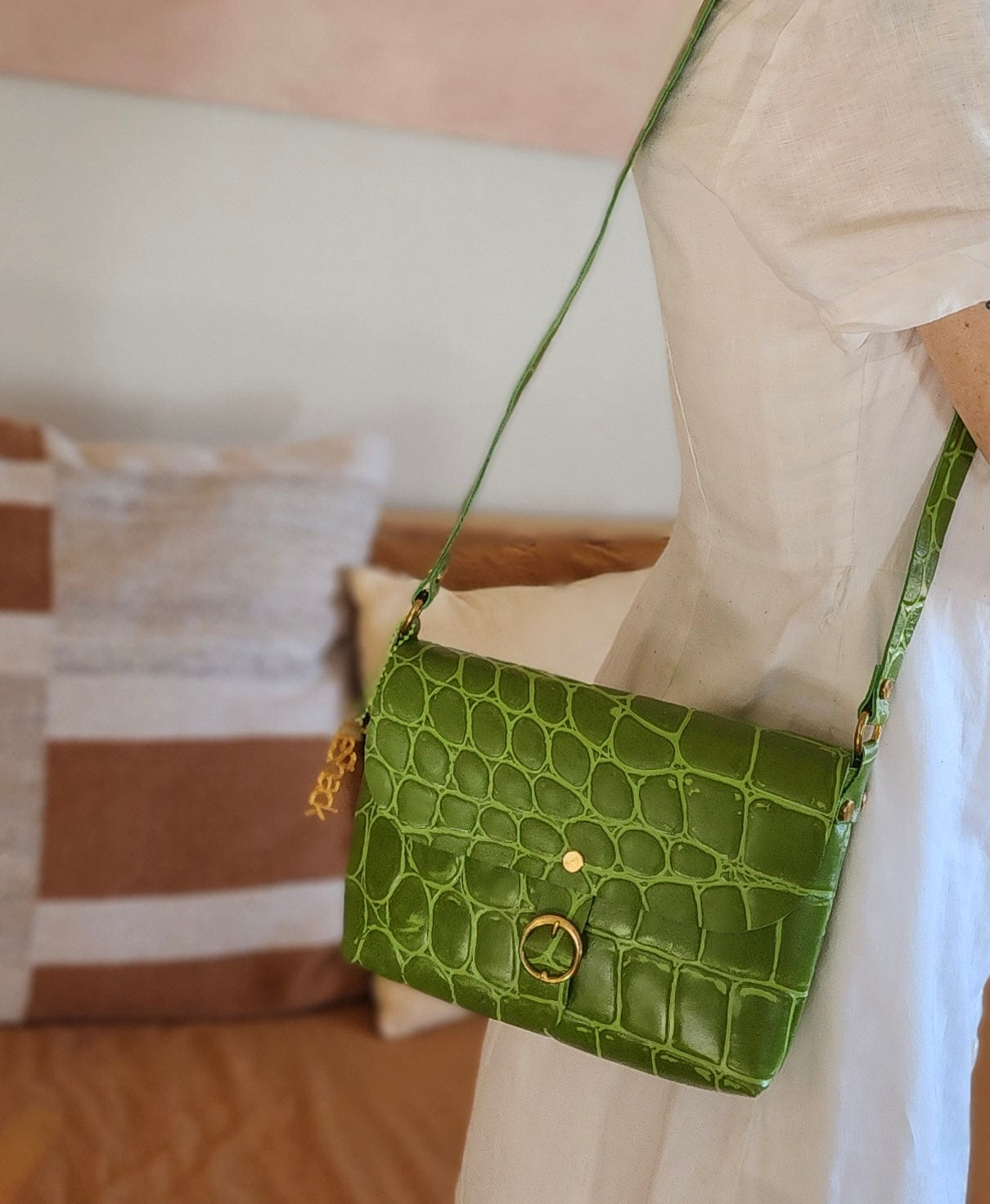 Green Jumbo Croc Embossed Leather Small Crossbody Flap Messenger Bag
