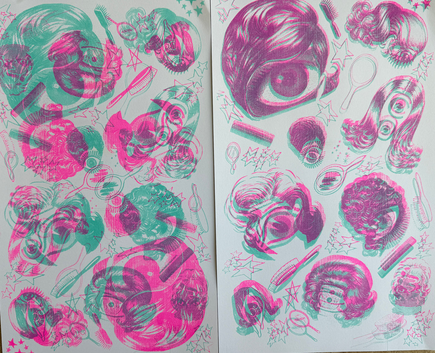 risograph print of vintage wigs with giant eyes instead of faces, in fluoro pink and aqua ink showing two variations of print run