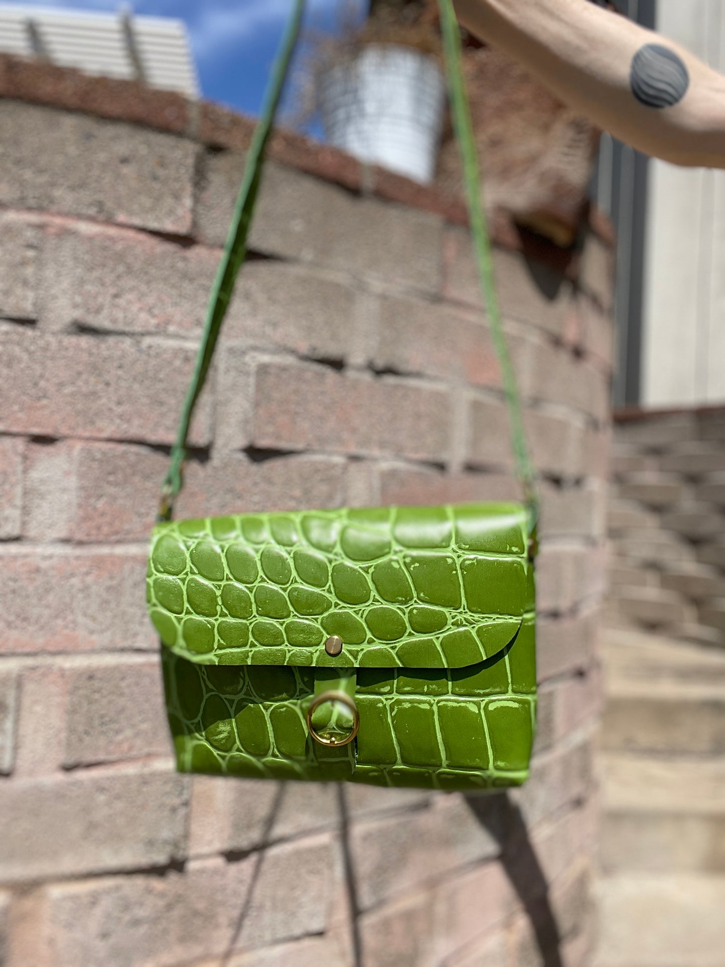 Green Jumbo Croc Embossed Leather Small Crossbody Flap Messenger Bag
