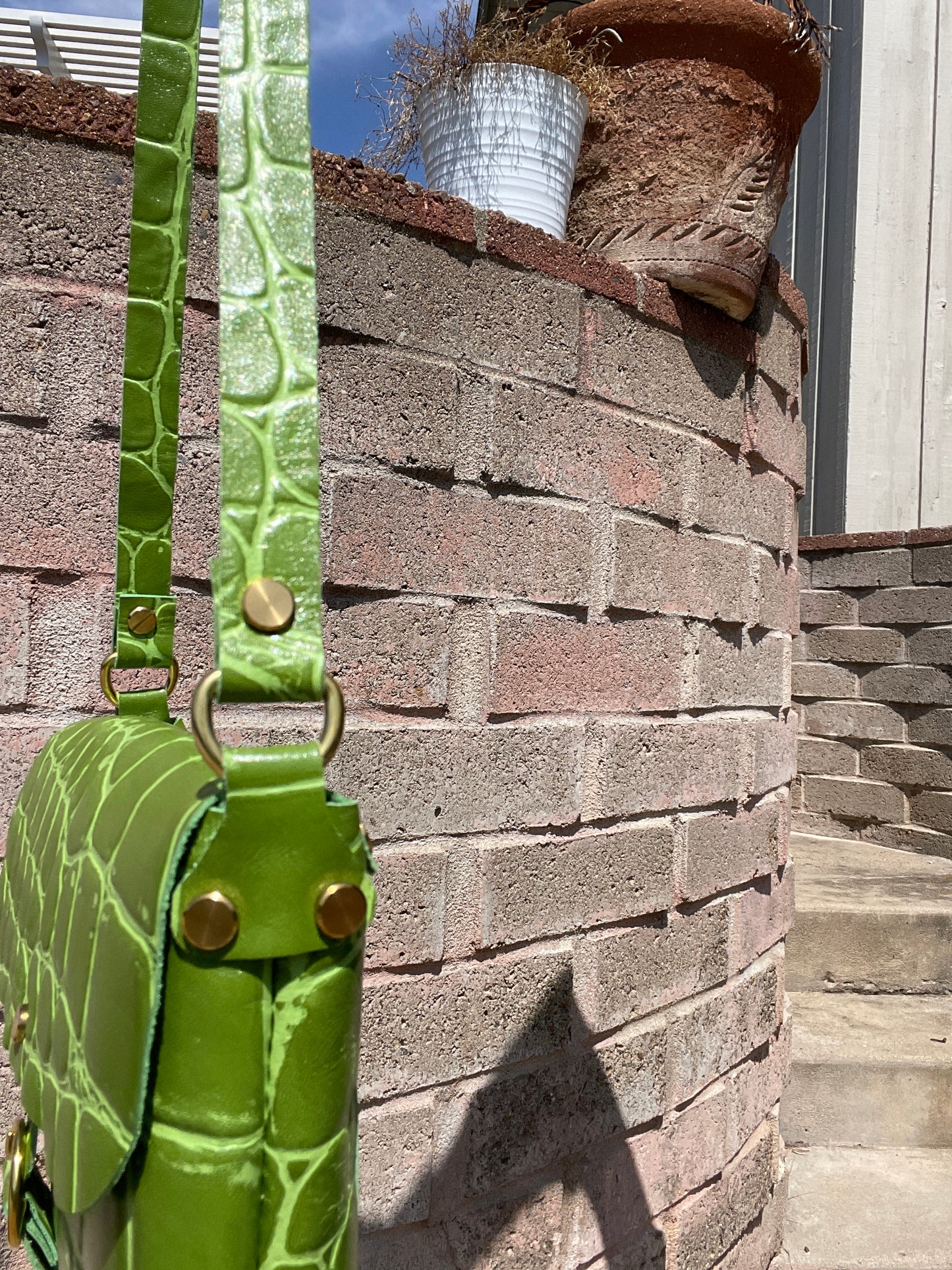 Green Jumbo Croc Embossed Leather Small Crossbody Flap Messenger Bag