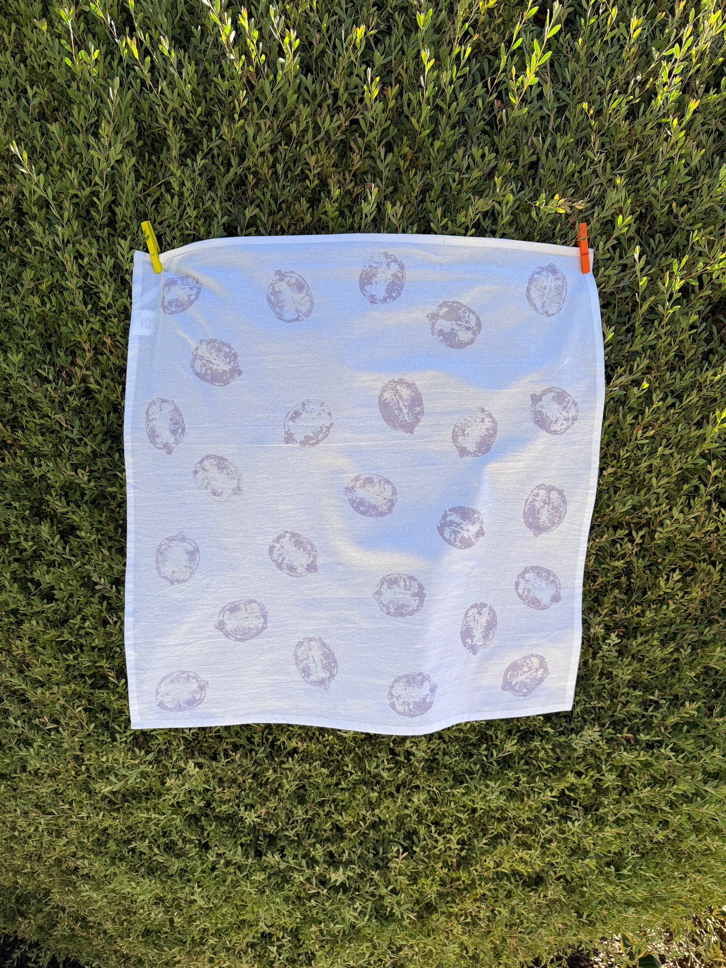 handprinted cotton dish towel with lavender lemon print