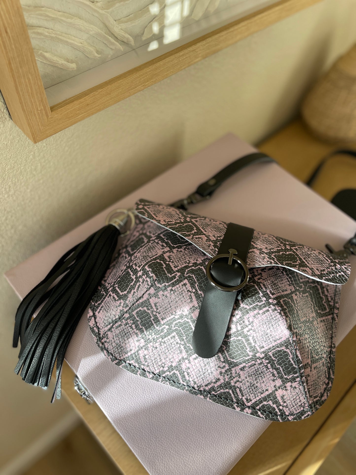 Pink and Black Embossed Reptile Small Crossbody Flap Bag
