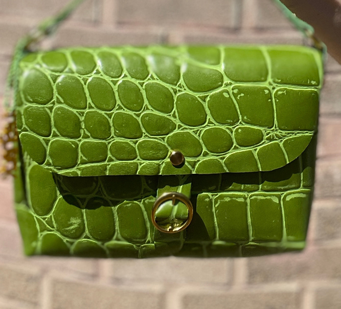 Green Jumbo Croc Embossed Leather Small Crossbody Flap Messenger Bag