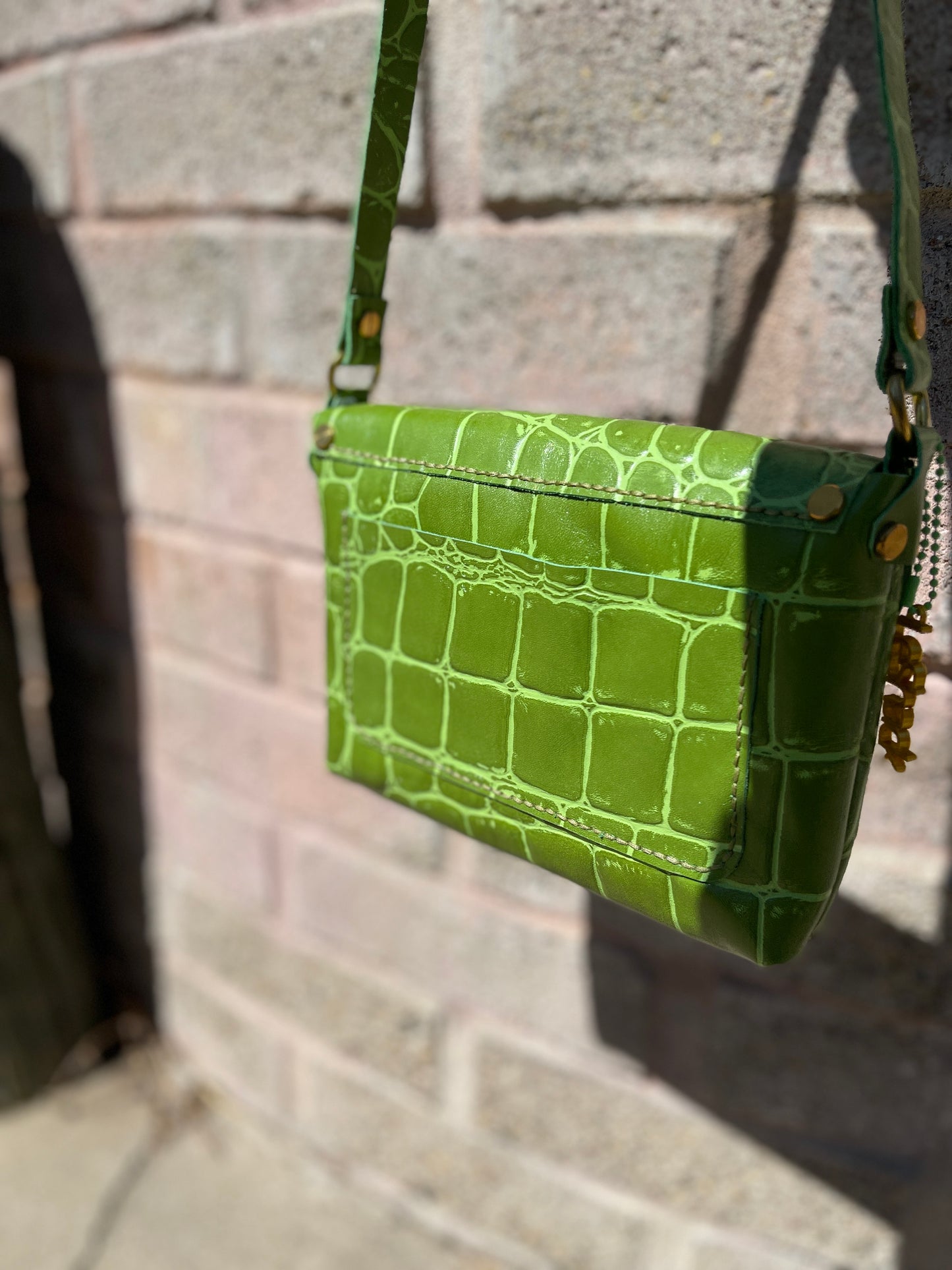 Green Jumbo Croc Embossed Leather Small Crossbody Flap Messenger Bag