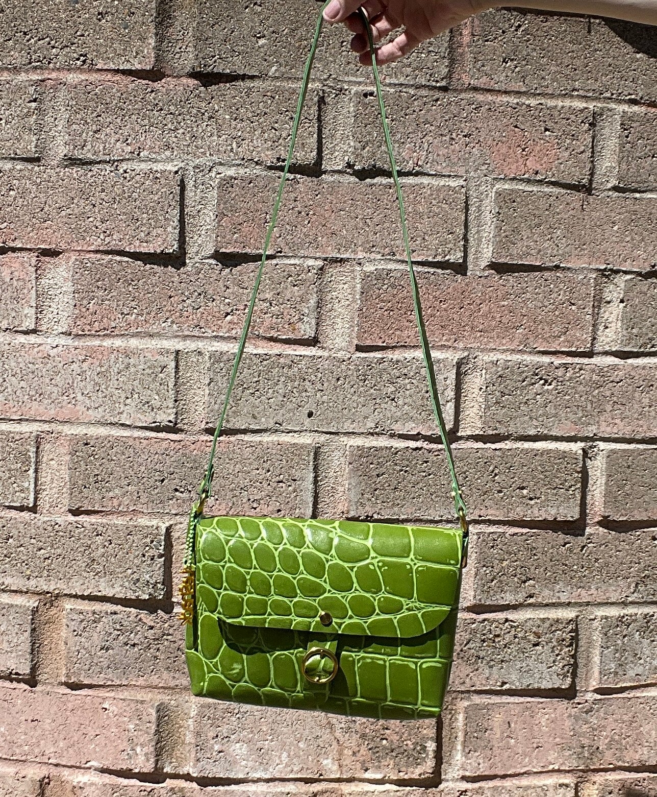 Green Jumbo Croc Embossed Leather Small Crossbody Flap Messenger Bag