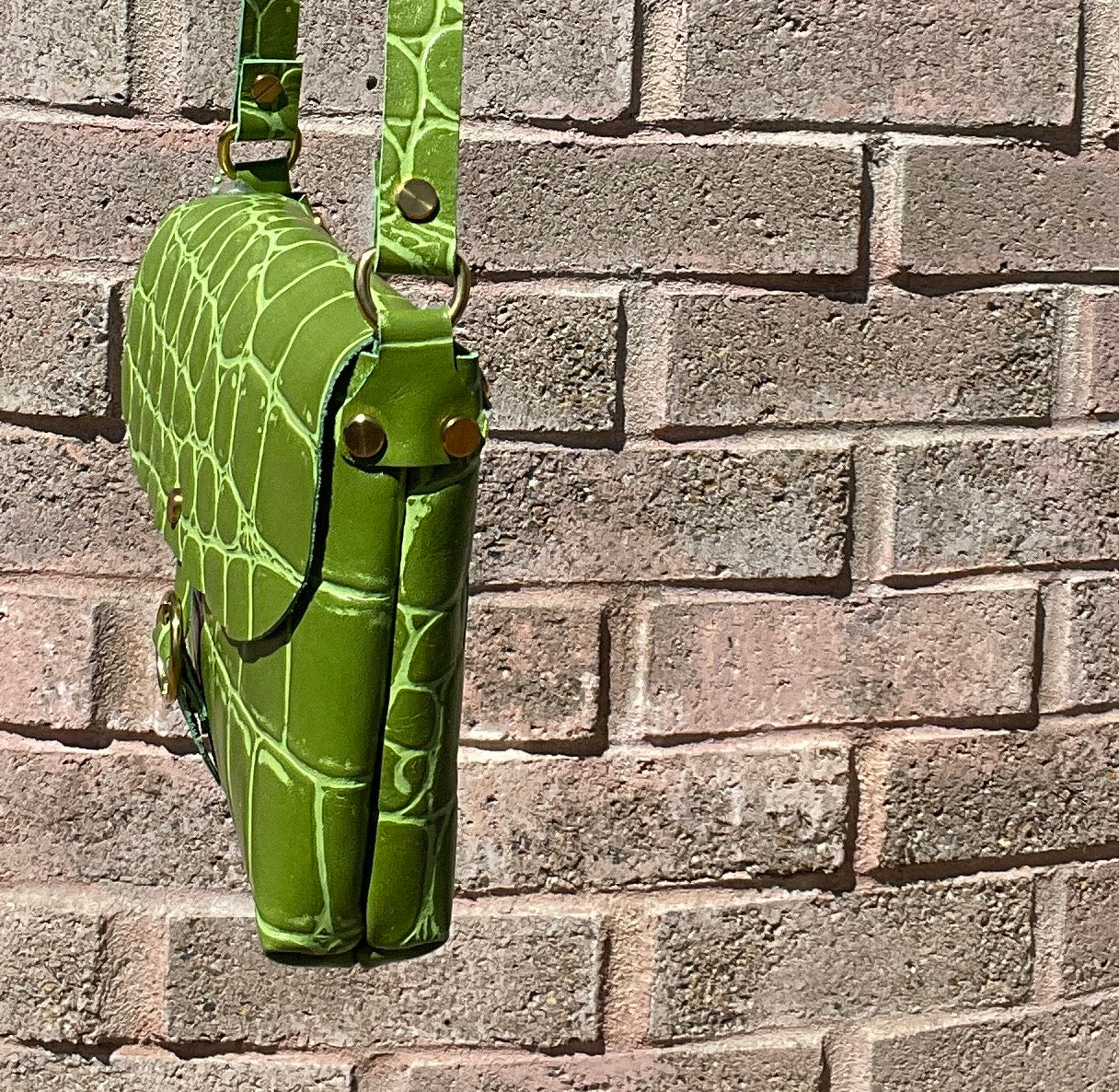 Green Jumbo Croc Embossed Leather Small Crossbody Flap Messenger Bag