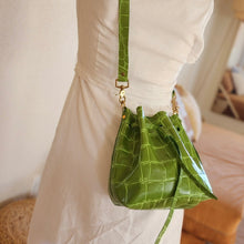 Load image into Gallery viewer, Olive Green Jumbo Croc Embossed Drawstring Crossbody Bucket Bag
