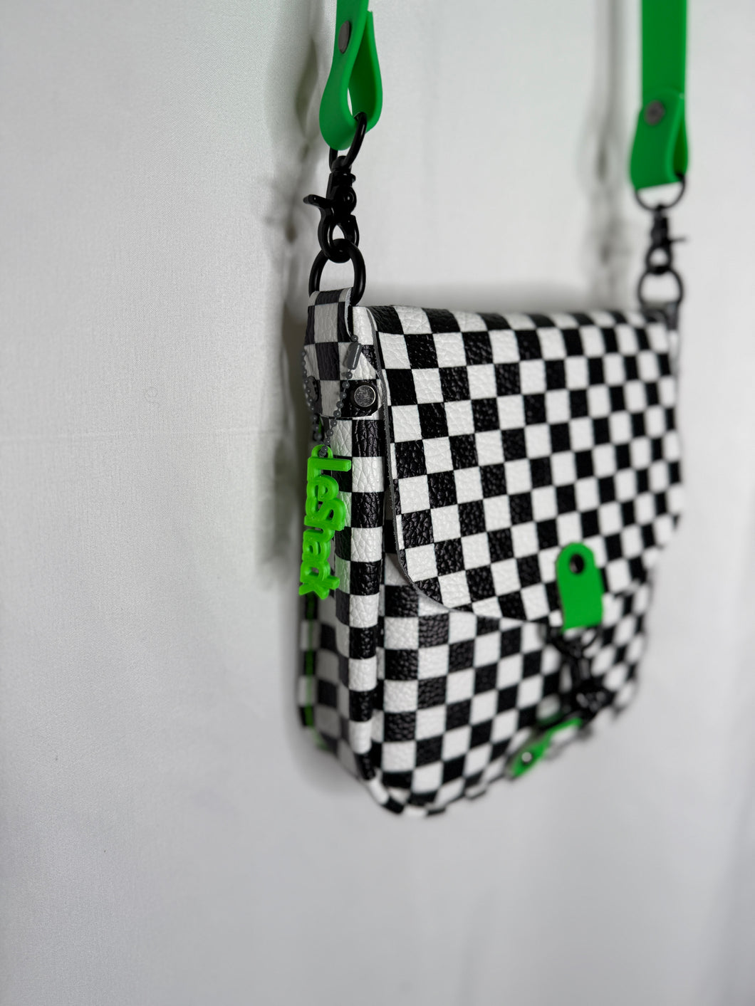 Checkerboard and Neon Green Flap Crossbody Bag