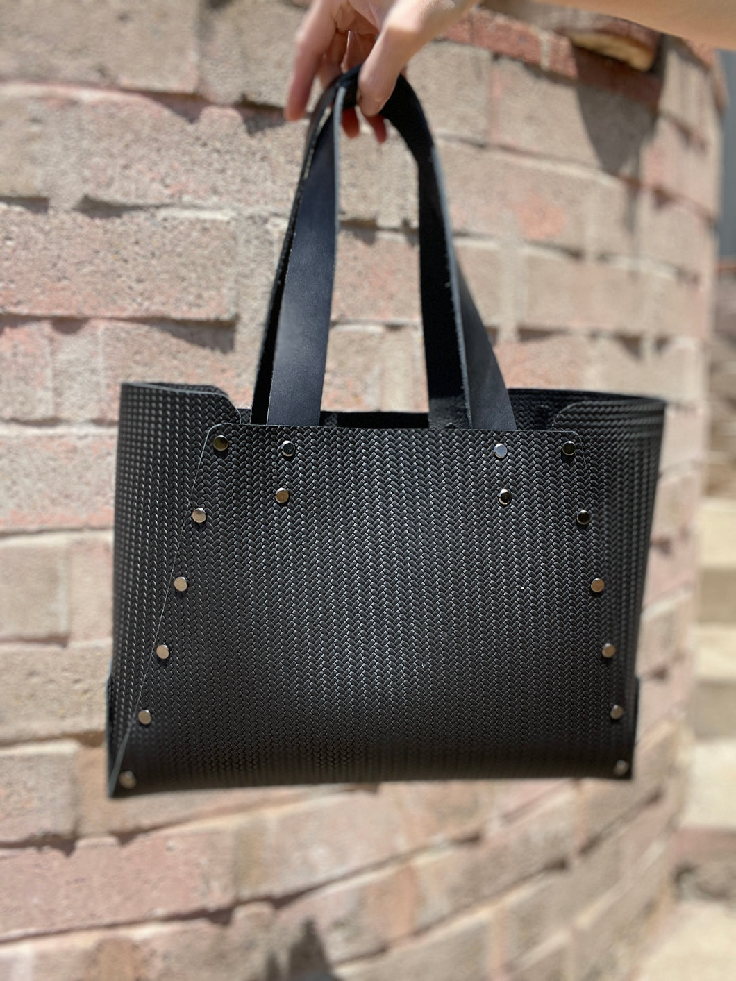 Black Herringbone Embossed Open Top Tote