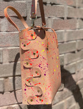 Load image into Gallery viewer, Neon Splatter Veg Tan Open Top Crossbody Tote
