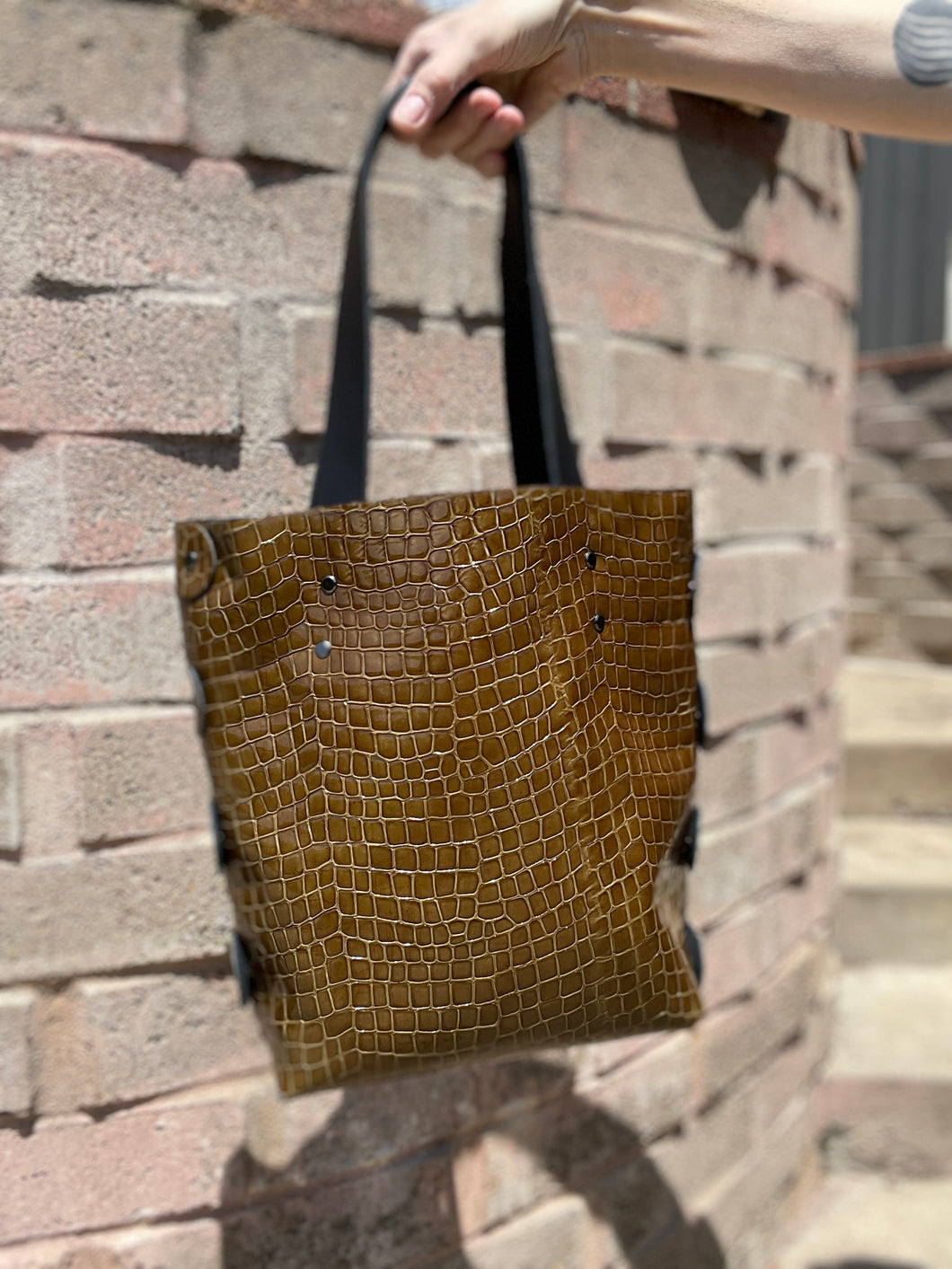 Dark Olive Croc Embossed Open Top Tote Bag