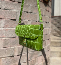 Load image into Gallery viewer, Green Jumbo Croc Embossed  Leather Small Crossbody Flap Messenger Bag
