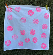 Load image into Gallery viewer, handprinted cotton dish towel with neon pink orange print
