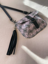 Load image into Gallery viewer, Pink and Black Embossed Reptile Small Crossbody Flap Bag
