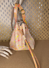 Load image into Gallery viewer, Neon Splatter Veg Tan Leather Drawstring Crossbody Bucket Bag
