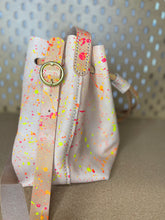 Load image into Gallery viewer, Neon Splatter Veg Tan Leather Drawstring Crossbody Bucket Bag
