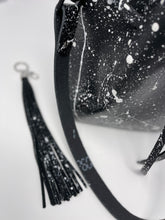 Load image into Gallery viewer, Black Leather Drawstring Bucket Shoulder Bag With Matte White Splatter
