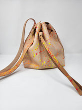 Load image into Gallery viewer, Neon Splatter Veg Tan Leather Drawstring Crossbody Bucket Bag
