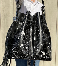 Load image into Gallery viewer, Black Leather Drawstring Bucket Shoulder Bag With Matte White Splatter
