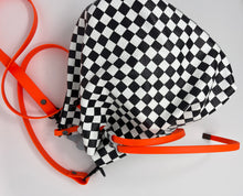 Load image into Gallery viewer, Checkerboard Leather and Neon Orange Drawstring Crossbody Bucket Bag
