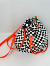 Load image into Gallery viewer, Checkerboard Leather and Neon Orange Drawstring Crossbody Bucket Bag
