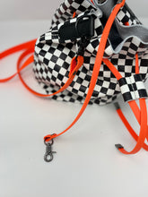 Load image into Gallery viewer, Checkerboard Leather and Neon Orange Drawstring Crossbody Bucket Bag
