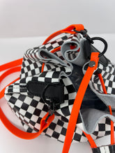 Load image into Gallery viewer, Checkerboard Leather and Neon Orange Drawstring Crossbody Bucket Bag
