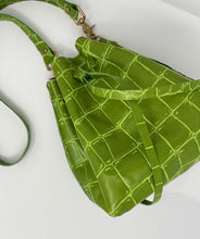 Load image into Gallery viewer, Olive Green Jumbo Croc Embossed Leather Drawstring Crossbody Bucket Bag
