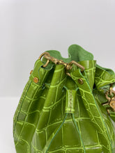 Load image into Gallery viewer, Olive Green Jumbo Croc Embossed Leather Drawstring Crossbody Bucket Bag
