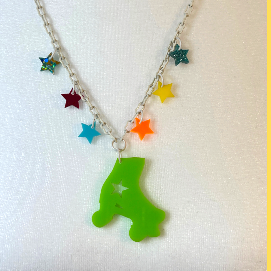 Fantastic Plastic Green Star Roller Skate Necklace - One Of a Kind!