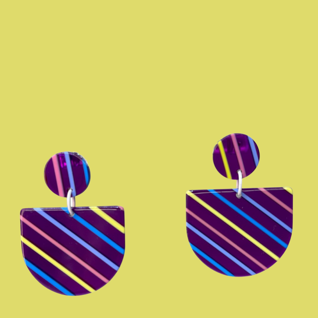 Purple Striped Acetate D-Shape Earrings