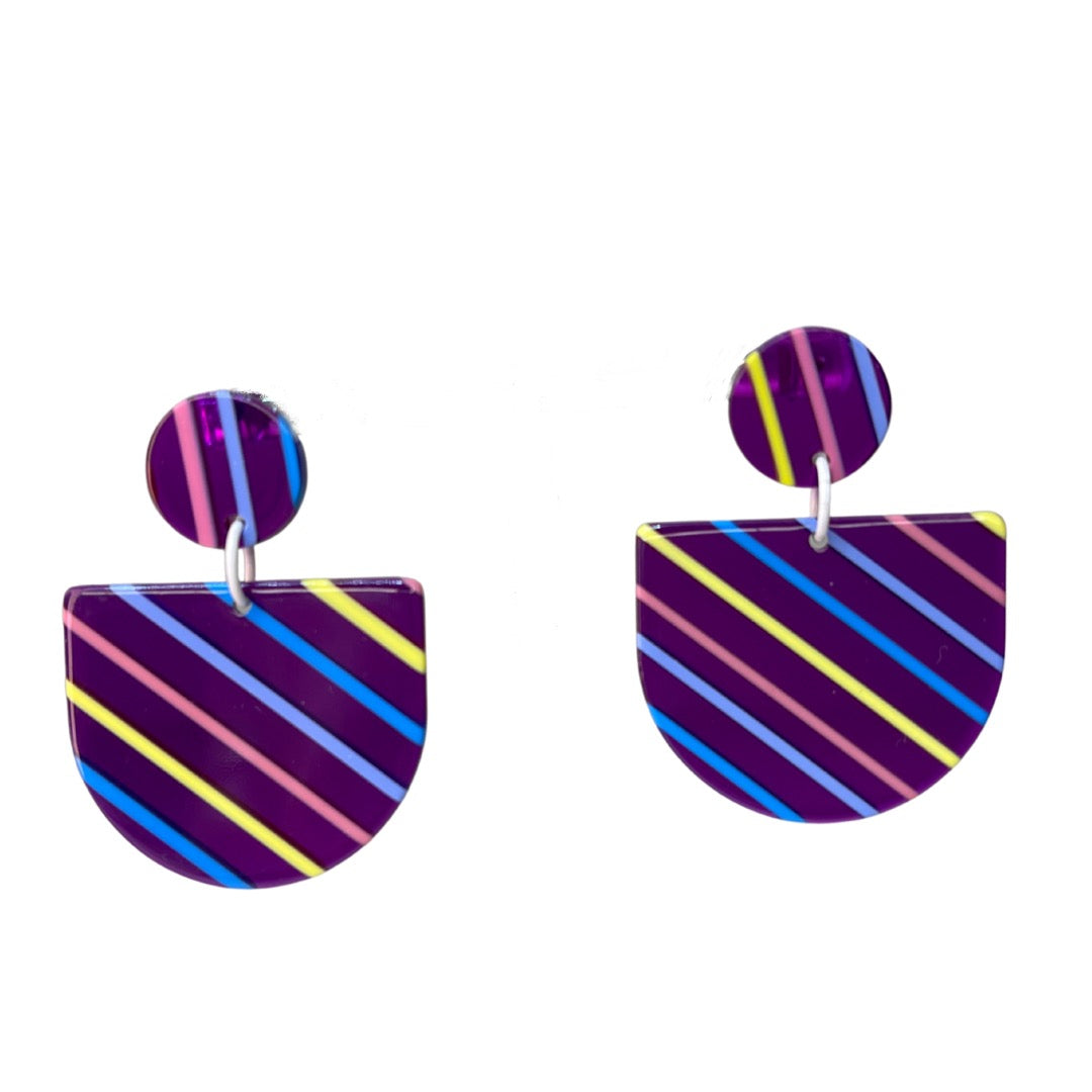 Purple Striped Acetate D-Shape Earrings