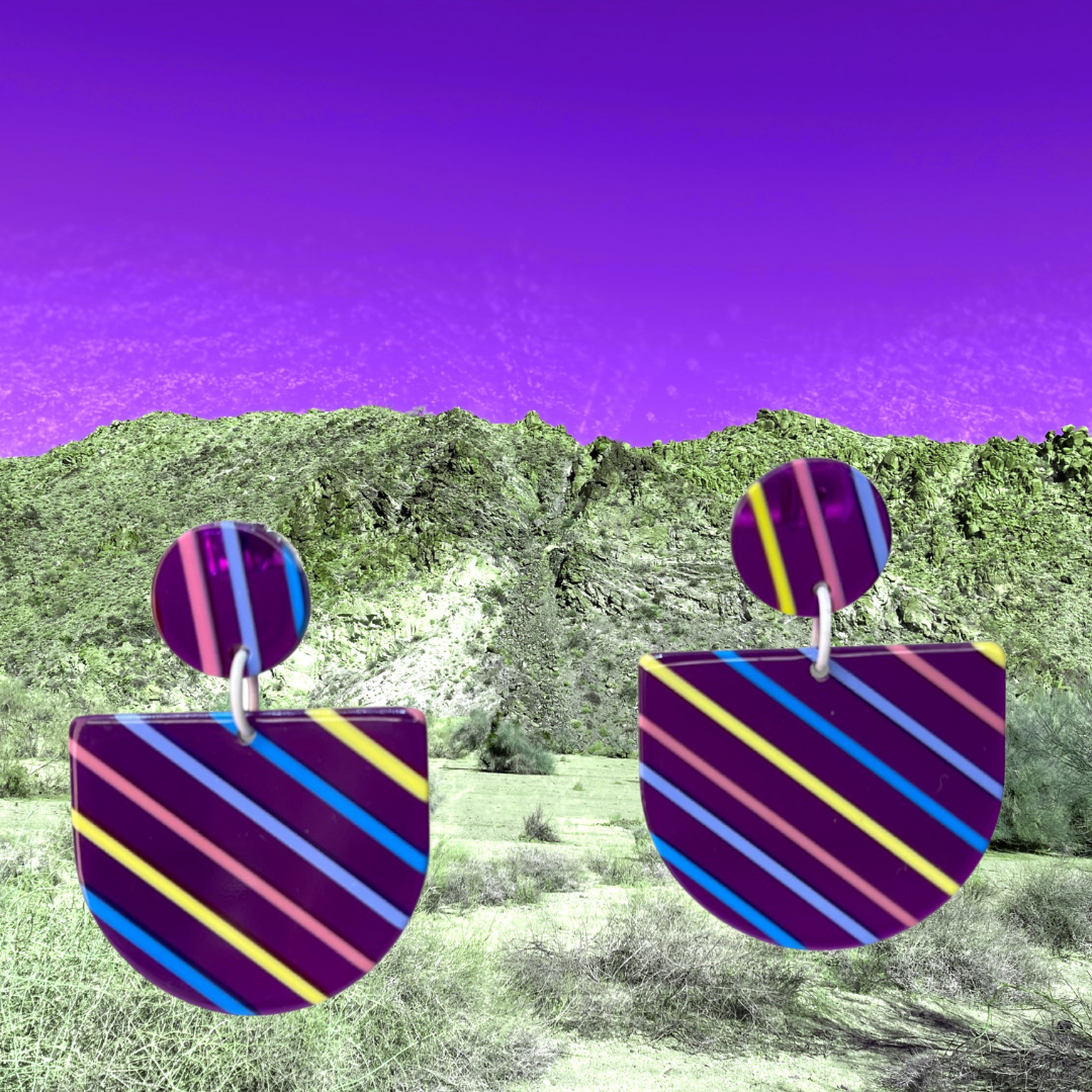 Purple Striped Acetate D-Shape Earrings