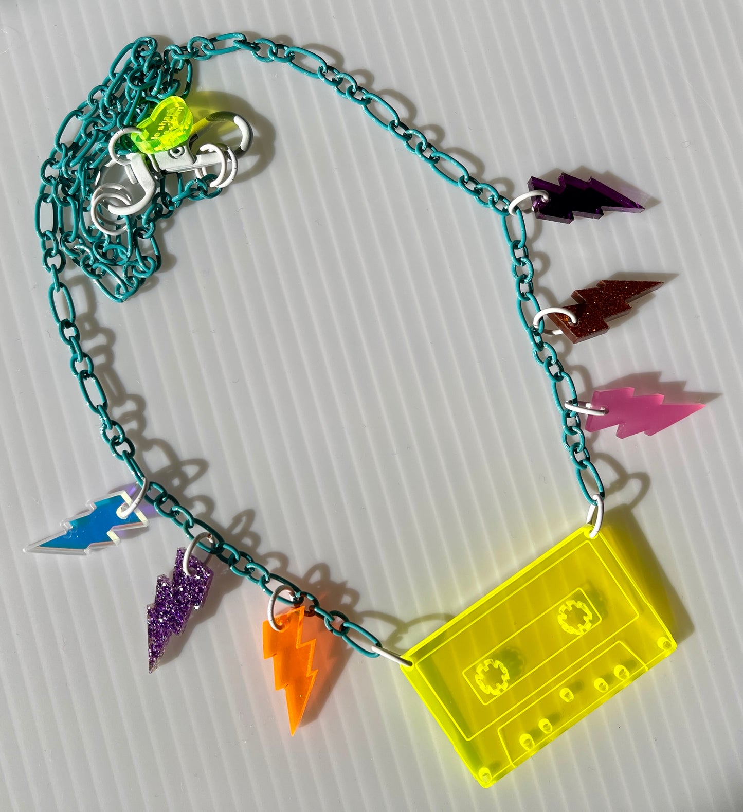 Fantastic Plastic Neon Yellow Cassette Necklace With Turquoise Chain - One of a Kind!