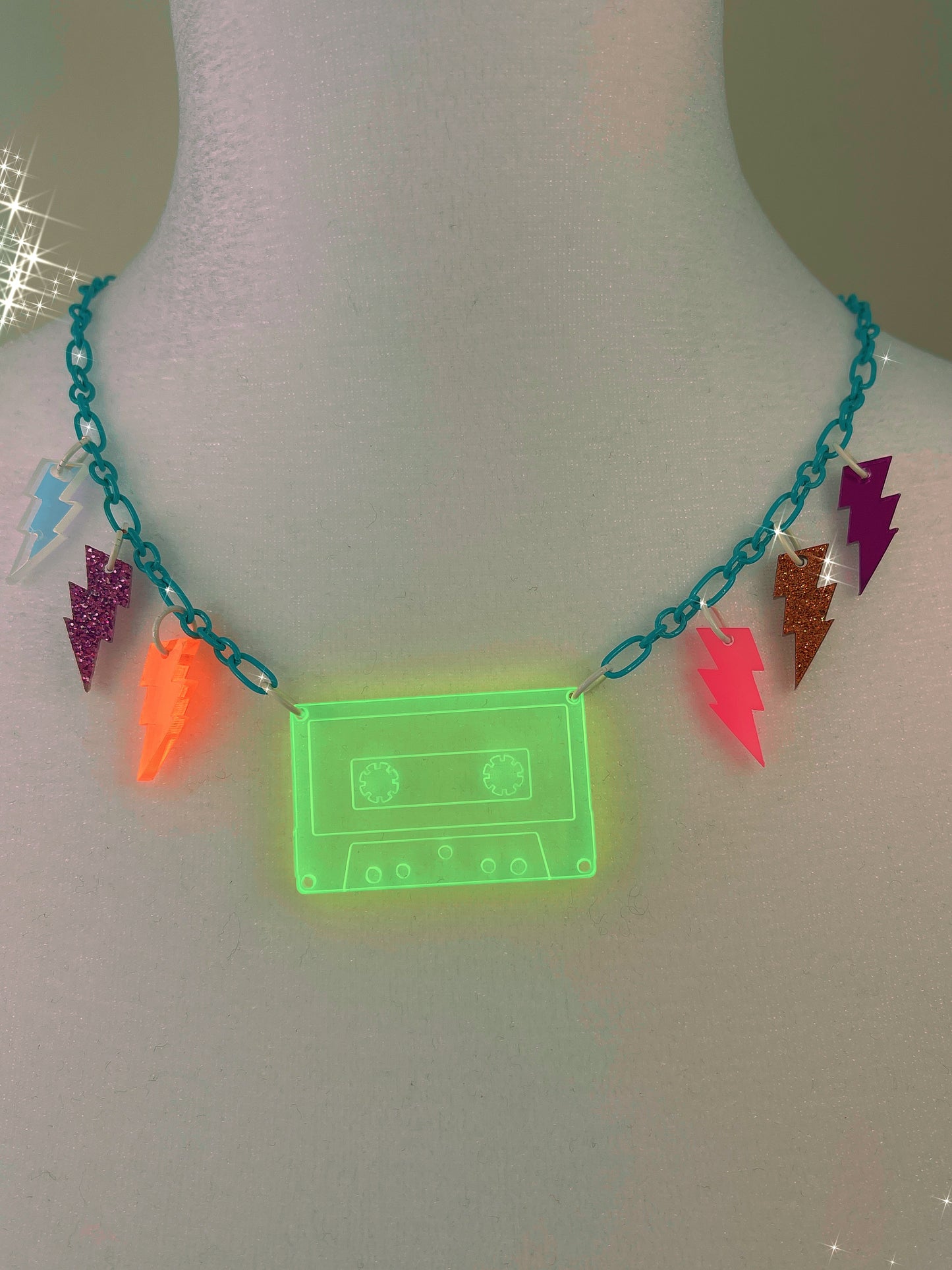 Fantastic Plastic Neon Yellow Cassette Necklace With Turquoise Chain - One of a Kind!